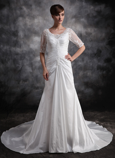 A-Line/Princess V-neck Court Train Taffeta Wedding Dress With Ruffle Lace Beadwork (002012919)