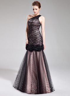 Mermaid One-Shoulder Floor-Length Tulle Charmeuse Evening Dress With Lace Flower(s) (017019558)