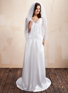 Sheath/Column V-neck Sweep Train Charmeuse Wedding Dress With Ruffle Lace (002012738)