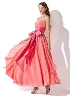 Empire Strapless Ankle-Length Chiffon Charmeuse Prom Dress With Ruffle Sash (018004816)