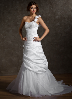 A-Line/Princess One-Shoulder Court Train Taffeta Organza Wedding Dress With Ruffle Beadwork Flower(s) Sequins (002011513)