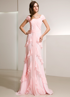 A-Line/Princess Scoop Neck Sweep Train Chiffon Evening Dress With Ruffle (017014216)