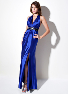 sheath column halter floor length charmeuse evening dress with ruffle sash beading bow s split sheath column halter floor length charmeuse evening dress with ruffle sash beading bow s split