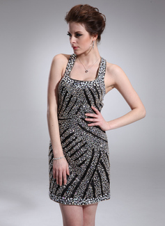 Sheath Square Neckline Short/Mini Charmeuse Cocktail Dress With Beading (016008378)