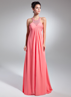Empire Scoop Neck Sweep Train Chiffon Prom Dress With Ruffle Beading (018015081)