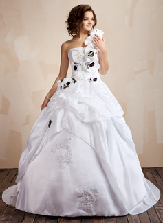 Ball-Gown One-Shoulder Court Train Taffeta Wedding Dress With Ruffle Lace Beadwork Flower(s) Sequins (002001432)