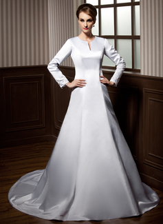A-Line/Princess Scoop Neck Chapel Train Satin Wedding Dress With Beadwork Appliques (002011703)