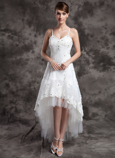 A-Line/Princess V-neck Asymmetrical Organza Tulle Wedding Dress With Lace Beadwork (002024067)