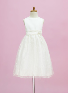 A-Line/Princess Scoop Neck Floor-Length Organza Satin Flower Girl Dress With Embroidered Flower(s) (010005334)