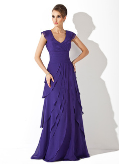 A-Line/Princess V-neck Sweep Train Chiffon Evening Dress With Ruffle (017020663)