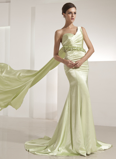 Mermaid One-Shoulder Watteau Train Charmeuse Evening Dress With Ruffle Beading (017014221)