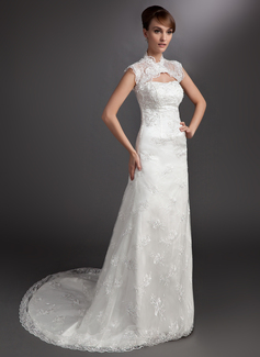A-Line/Princess Strapless Court Train Satin Tulle Wedding Dress With Lace Beadwork (002000178)
