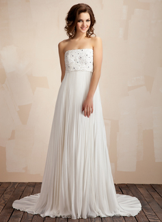 Empire Strapless Court Train Chiffon Wedding Dress With Ruffle Lace Beadwork (002011587)