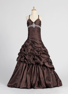 A-Line/Princess V-neck Floor-Length Charmeuse Flower Girl Dress With Ruffle Beading (010005885)