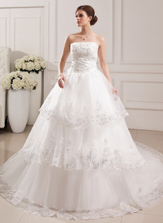 Ball-Gown Strapless Cathedral Train Satin Tulle Wedding Dress With Lace Beadwork (002019529)
