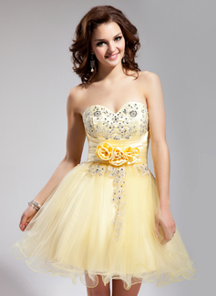A-Line/Princess Sweetheart Short/Mini Tulle Charmeuse Homecoming Dress With Embroidered Ruffle Beading Flower(s) Sequins (022008628)
