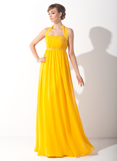 Empire Halter Floor-Length Chiffon Holiday Dress With Ruffle Beading (020015090)