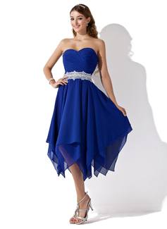 A-Line/Princess Sweetheart Tea-Length Chiffon Lace Homecoming Dress With Ruffle Sash Beading (022010996)