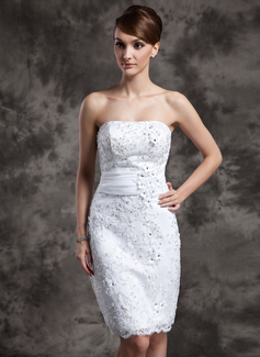 Sheath/Column Strapless Knee-Length Organza Satin Wedding Dress With Lace Beadwork Flower(s) Sequins (002015021)
