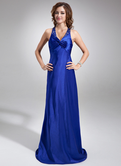 Sheath Halter Sweep Train Charmeuse Prom Dress With Ruffle Beading (018002773)