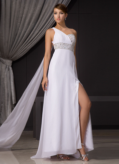 Sheath One-Shoulder Watteau Train Chiffon Evening Dress With Ruffle Beading Sequins (017014466)