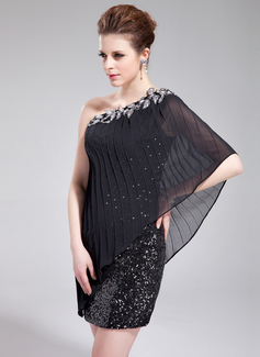 Sheath One-Shoulder Short/Mini Chiffon Sequined Cocktail Dress With Ruffle Beading Appliques (016019175)
