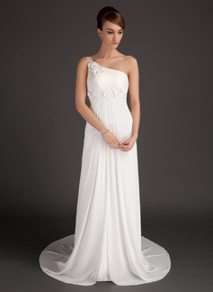 A-Line/Princess One-Shoulder Court Train Chiffon Wedding Dress With Ruffle Beadwork Flower(s) (002015501)