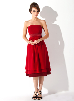 A-Line/Princess Strapless Knee-Length Chiffon  Charmeuse Maternity Bridesmaid Dresses With Ruffle (045004379)