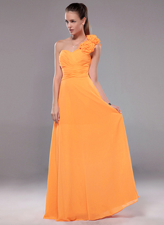 A-Line/Princess One-Shoulder Floor-Length Chiffon Evening Dress With Ruffle Flower(s) (017012109)