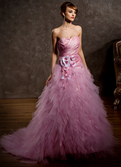 Ball-Gown Sweetheart Court Train Taffeta Tulle Wedding Dress With Ruffle Flower(s) (002011428)