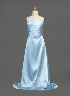A-Line/Princess Strapless Sweep Train Charmeuse Junior Bridesmaid Dress With Ruffle (009003443)