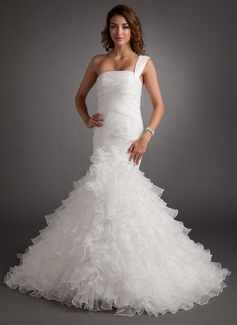 Mermaid One-Shoulder Court Train Organza Wedding Dress With Ruffle (002012756)