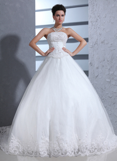Ball-Gown Sweetheart Chapel Train Satin Tulle Wedding Dress With Lace Beadwork (002017370)