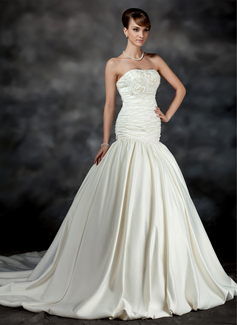 Mermaid Strapless Court Train Satin Wedding Dress With Ruffle Lace Beadwork Flower(s) (002017183)