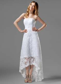 A-Line/Princess Strapless Asymmetrical Satin Lace Wedding Dress With Beadwork (002000226)