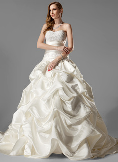 Ball-Gown Sweetheart Court Train Satin Wedding Dress With Ruffle Lace (002000451)