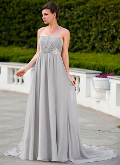 Empire Strapless Court Train Chiffon Charmeuse Evening Dress With Ruffle Beading (018024585)