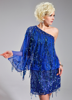 Sheath One-Shoulder Short/Mini Chiffon Tulle Charmeuse Cocktail Dress With Beading Sequins (016019192)