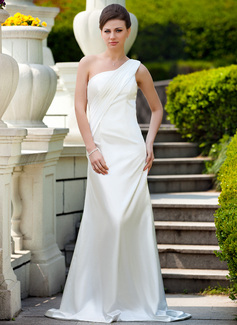 Sheath One-Shoulder Court Train Charmeuse Bridesmaid Dress With Ruffle (017024574)