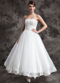 A-Line/Princess Strapless Ankle-Length Organza Satin Wedding Dress With Lace Beadwork (002015003)
