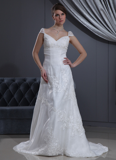 A-Line/Princess V-neck Court Train Organza Satin Wedding Dress With Lace Beadwork (002012040)