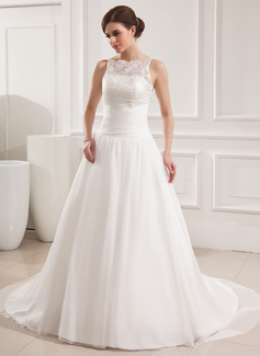 Ball-Gown Scoop Neck Court Train Chiffon Satin Wedding Dress With Ruffle Lace (002019534)