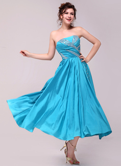 A-Line/Princess Strapless Ankle-Length Taffeta Charmeuse Prom Dress With Ruffle (018014008)