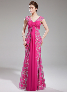 Sheath V-neck Watteau Train Chiffon Lace Prom Dress With Ruffle Beading (018019769)