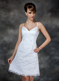 Sheath/Column V-neck Knee-Length Satin Wedding Dress With Lace Beadwork (002000222)