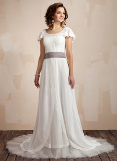 A-Line/Princess Scoop Neck Court Train Chiffon Tulle Wedding Dress With Ruffle Sashes Beadwork (002012665)