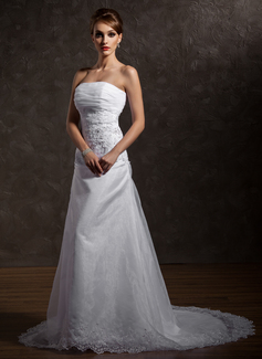 A-Line/Princess Strapless Court Train Organza Satin Wedding Dress With Ruffle Lace Beadwork (002012740)