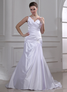 A-Line/Princess V-neck Court Train Charmeuse Wedding Dress With Ruffle Beadwork (002012757)