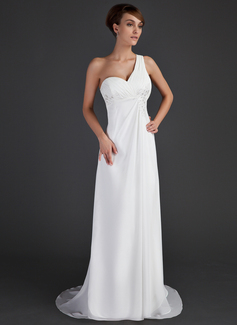 Empire One-Shoulder Sweep Train Chiffon Holiday Dress With Ruffle Lace Beading (020015637)