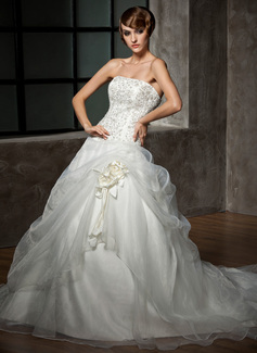 Ball-Gown Strapless Chapel Train Organza Satin Wedding Dress With Embroidery Beadwork Flower(s) (002012711)